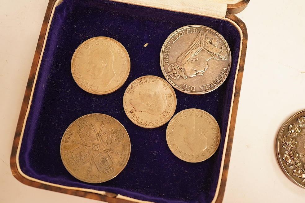 British coins and medals, Victoria, two crowns, 1887 fine, and 1899, good VF, double florin, 1887, VF, other coins and three silver University College Dublin medical school Medals, 1910, good VF